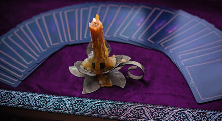 Magical attribute on a table, witchcraft concept, Tarot cards and fortune telling