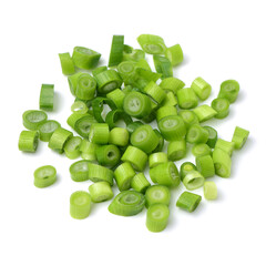 chopped green onions on white background