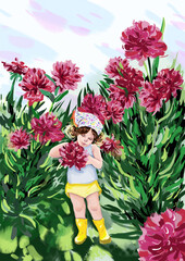 Cute small girls with flowers in summer garden. Raster illustration created  