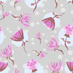 Pretty Pink And Grey Scatter Floral Repeat Pattern With Decorative Dots