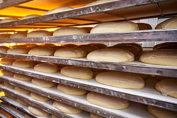 Raw dough bread on a oven-tray before baking in an oven at the manufacturing