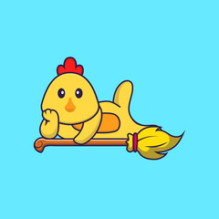 Cute chicken lying on Magic Broom. Animal cartoon concept isolated. Can used for t-shirt, greeting card, invitation card or mascot. Flat Cartoon Style