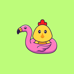 Cute chicken With flamingo buoy. Animal cartoon concept isolated. Can used for t-shirt, greeting card, invitation card or mascot. Flat Cartoon Style