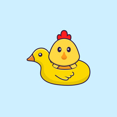 Cute chicken With Duck buoy. Animal cartoon concept isolated. Can used for t-shirt, greeting card, invitation card or mascot. Flat Cartoon Style