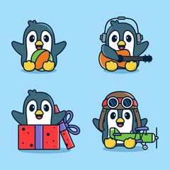 Set of cute penguins character with various actions. Penguins cartoon vector illustration