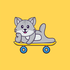 Cute cat lying on a skateboard. Animal cartoon concept isolated. Can used for t-shirt, greeting card, invitation card or mascot. Flat Cartoon Style