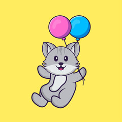 Cute cat flying with two balloons. Animal cartoon concept isolated. Can used for t-shirt, greeting card, invitation card or mascot. Flat Cartoon Style