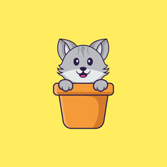Cute cat in a flower vase. Animal cartoon concept isolated. Can used for t-shirt, greeting card, invitation card or mascot. Flat Cartoon Style