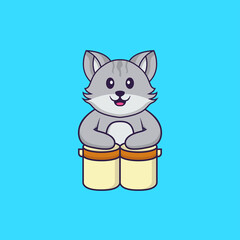 Cute cat is playing drums. Animal cartoon concept isolated. Can used for t-shirt, greeting card, invitation card or mascot. Flat Cartoon Style