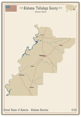 Map on an old playing card of Talladega county in Alabama, USA.