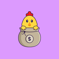 Cute chicken playing in money bag. Animal cartoon concept isolated. Can used for t-shirt, greeting card, invitation card or mascot. Flat Cartoon Style