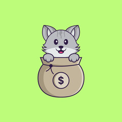 Cute cat playing in money bag. Animal cartoon concept isolated. Can used for t-shirt, greeting card, invitation card or mascot. Flat Cartoon Style