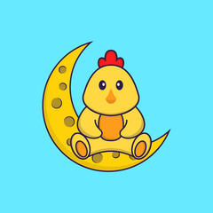 Cute chicken is sitting on the moon. Animal cartoon concept isolated. Can used for t-shirt, greeting card, invitation card or mascot. Flat Cartoon Style