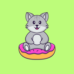 Cute cat is sitting on donuts. Animal cartoon concept isolated. Can used for t-shirt, greeting card, invitation card or mascot. Flat Cartoon Style