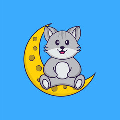 Cute cat is sitting on the moon. Animal cartoon concept isolated. Can used for t-shirt, greeting card, invitation card or mascot. Flat Cartoon Style