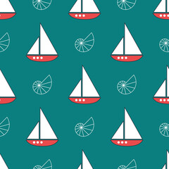 Summer nautical pattern with ships with white sails and seashells on a blue background. Cute print with marine objects. Ornament for wrapping paper, textiles, boys party and design