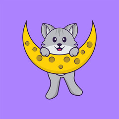 Cute cat is on the moon. Animal cartoon concept isolated. Can used for t-shirt, greeting card, invitation card or mascot. Flat Cartoon Style