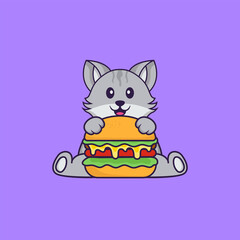Cute cat eating burger. Animal cartoon concept isolated. Can used for t-shirt, greeting card, invitation card or mascot. Flat Cartoon Style