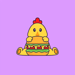 Cute chicken eating burger. Animal cartoon concept isolated. Can used for t-shirt, greeting card, invitation card or mascot. Flat Cartoon Style