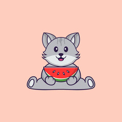 Cute cat eating watermelon. Animal cartoon concept isolated. Can used for t-shirt, greeting card, invitation card or mascot. Flat Cartoon Style