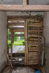 Old wooden gate. Barricaded door