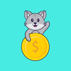 Cute cat holding coin. Animal cartoon concept isolated. Can used for t-shirt, greeting card, invitation card or mascot. Flat Cartoon Style