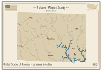 Map on an old playing card of Winston county in Alabama, USA.