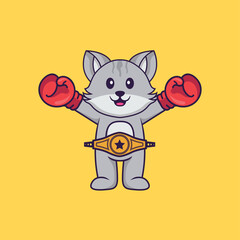 Cute cat in boxer costume with champion belt. Animal cartoon concept isolated. Can used for t-shirt, greeting card, invitation card or mascot. Flat Cartoon Style