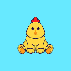 Cute chicken is sitting. Animal cartoon concept isolated. Can used for t-shirt, greeting card, invitation card or mascot. Flat Cartoon Style