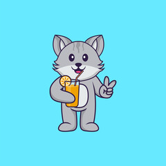 Cute cat holding orange juice in glass. Animal cartoon concept isolated. Can used for t-shirt, greeting card, invitation card or mascot. Flat Cartoon Style