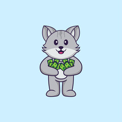 Cute cat holding money. Animal cartoon concept isolated. Can used for t-shirt, greeting card, invitation card or mascot. Flat Cartoon Style