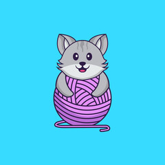 Cute cat playing with wool yarn. Animal cartoon concept isolated. Can used for t-shirt, greeting card, invitation card or mascot. Flat Cartoon Style