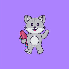 Cute cat holding a skateboard. Animal cartoon concept isolated. Can used for t-shirt, greeting card, invitation card or mascot. Flat Cartoon Style