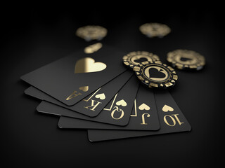 3d Rendering of Royal flash of hearts, on the black background