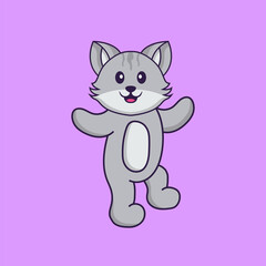 Cute cat is dancing. Animal cartoon concept isolated. Can used for t-shirt, greeting card, invitation card or mascot. Flat Cartoon Style