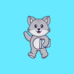 Cute cat holding a book. Animal cartoon concept isolated. Can used for t-shirt, greeting card, invitation card or mascot. Flat Cartoon Style