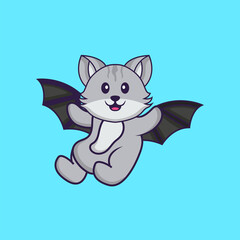 Cute cat is flying with wings. Animal cartoon concept isolated. Can used for t-shirt, greeting card, invitation card or mascot. Flat Cartoon Style