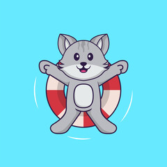 Cute cat is Swimming with a buoy. Animal cartoon concept isolated. Can used for t-shirt, greeting card, invitation card or mascot. Flat Cartoon Style