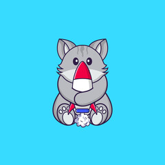 Cute cat holding a rocket. Animal cartoon concept isolated. Can used for t-shirt, greeting card, invitation card or mascot. Flat Cartoon Style