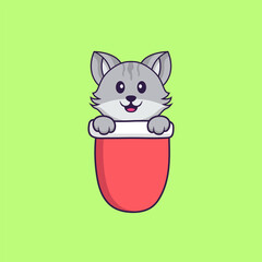 Cute cat in red pocket. Animal cartoon concept isolated. Can used for t-shirt, greeting card, invitation card or mascot. Flat Cartoon Style