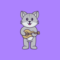 Cute cat playing guitar. Animal cartoon concept isolated. Can used for t-shirt, greeting card, invitation card or mascot. Flat Cartoon Style