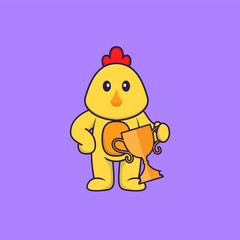 Cute chicken holding gold trophy. Animal cartoon concept isolated. Can used for t-shirt, greeting card, invitation card or mascot. Flat Cartoon Style