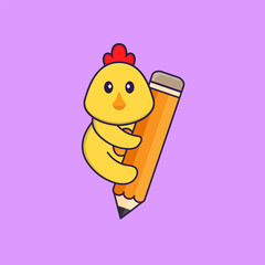 Cute chicken holding a pencil. Animal cartoon concept isolated. Can used for t-shirt, greeting card, invitation card or mascot. Flat Cartoon Style
