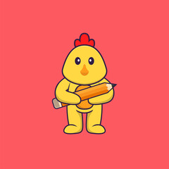 Cute chicken holding a pencil. Animal cartoon concept isolated. Can used for t-shirt, greeting card, invitation card or mascot. Flat Cartoon Style