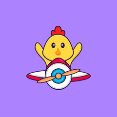 Cute chicken flying on a plane. Animal cartoon concept isolated. Can used for t-shirt, greeting card, invitation card or mascot. Flat Cartoon Style
