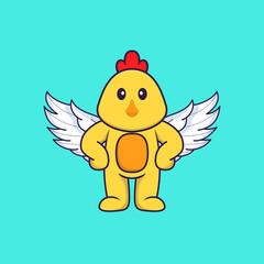 Cute chicken using wings. Animal cartoon concept isolated. Can used for t-shirt, greeting card, invitation card or mascot. Flat Cartoon Style