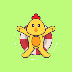 Cute chicken is Swimming with a buoy. Animal cartoon concept isolated. Can used for t-shirt, greeting card, invitation card or mascot. Flat Cartoon Style