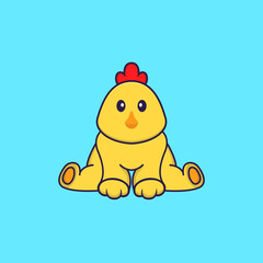 Cute chicken is sitting. Animal cartoon concept isolated. Can used for t-shirt, greeting card, invitation card or mascot. Flat Cartoon Style
