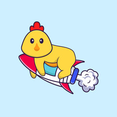 Cute chicken flying on rocket. Animal cartoon concept isolated. Can used for t-shirt, greeting card, invitation card or mascot. Flat Cartoon Style