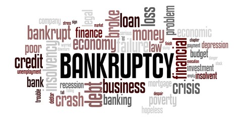 The word cloud with the text BANKRUPTCY and other tags related to bad financial situation